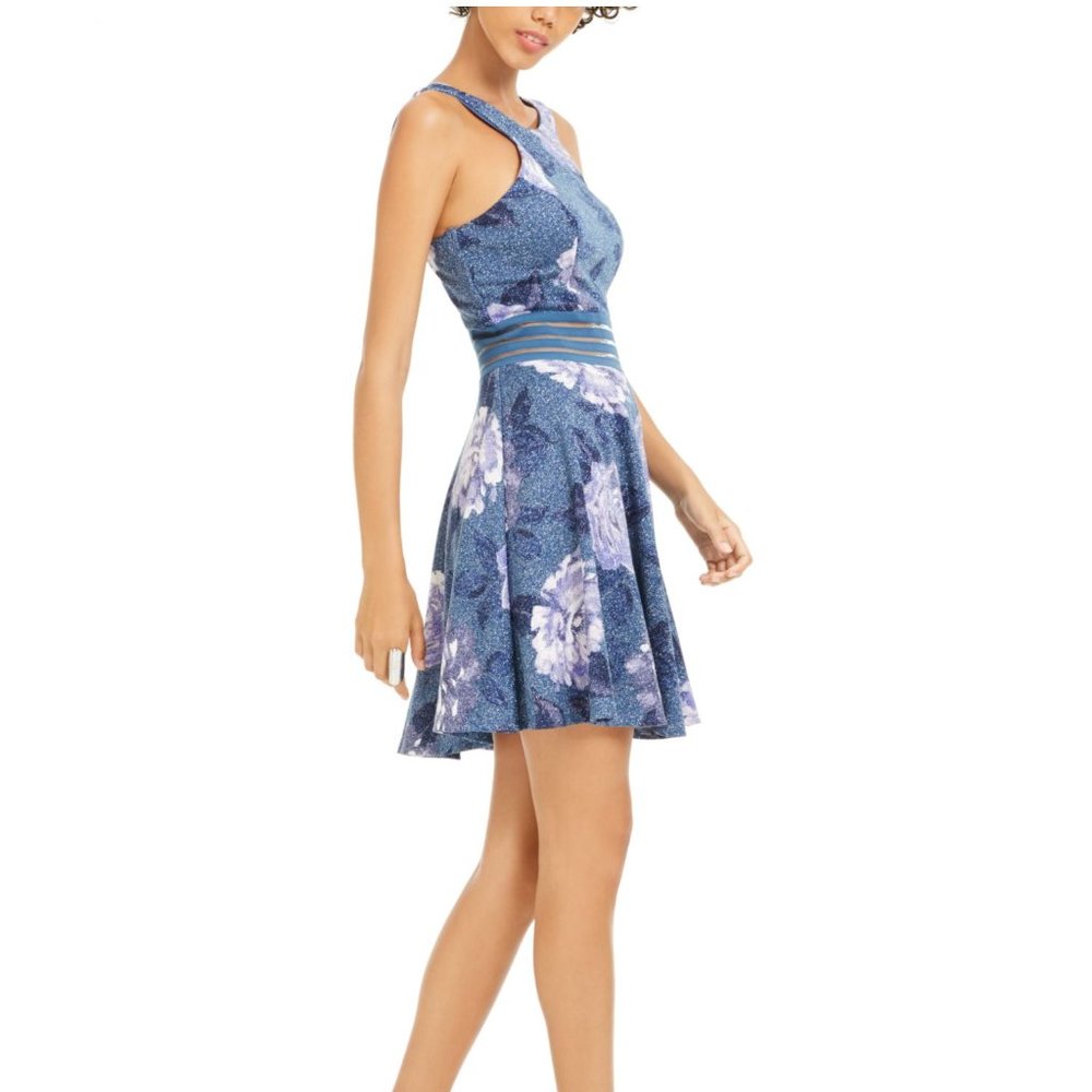 City Studio Blue Halter Dress Juniors Size 13 Lined Floral Sleeveless